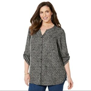 Catherines 4X Breezeway Georgette Blouse Black Gray Lightweight 3/4 Sleeves